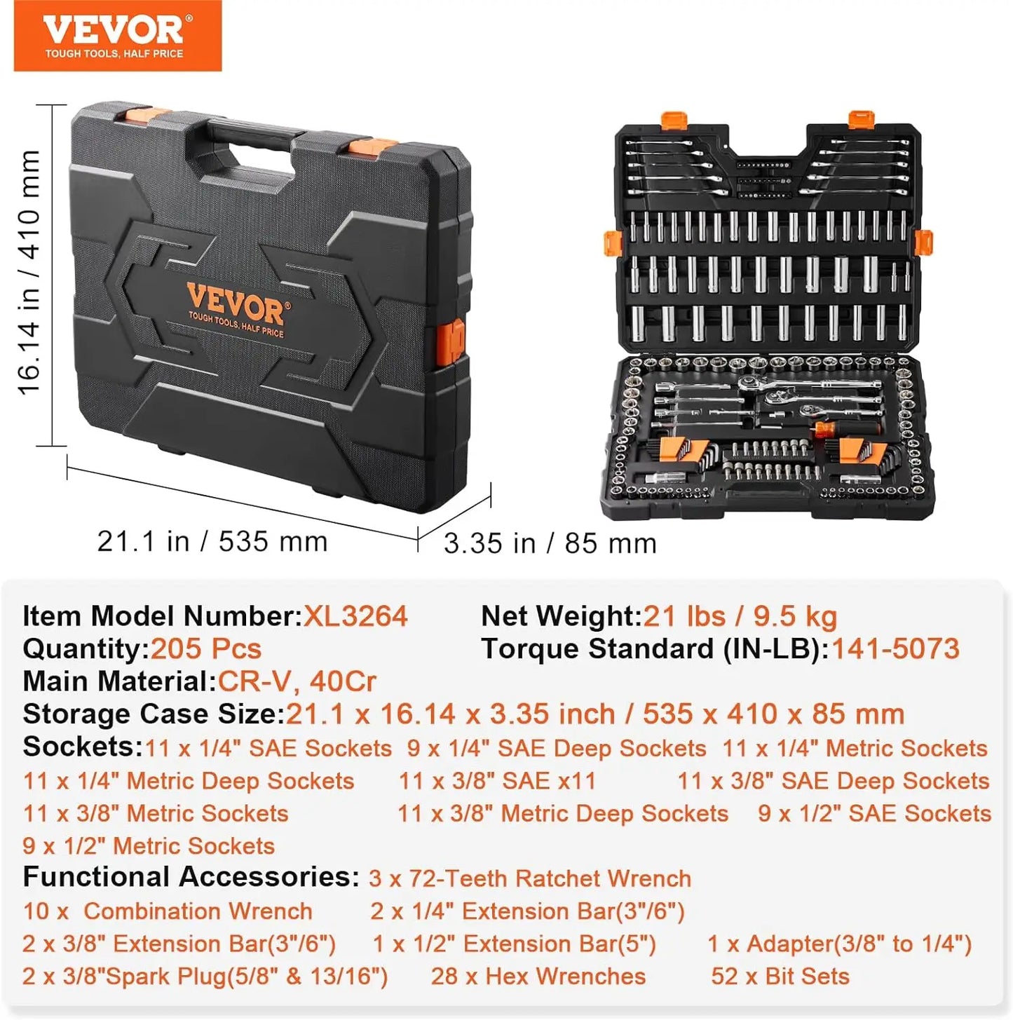 VEVOR Mechanics Tool Set, 205 Pcs