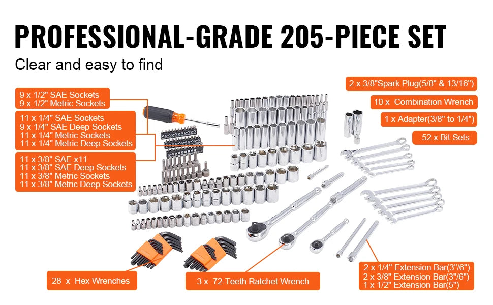 VEVOR Mechanics Tool Set, 205 Pcs