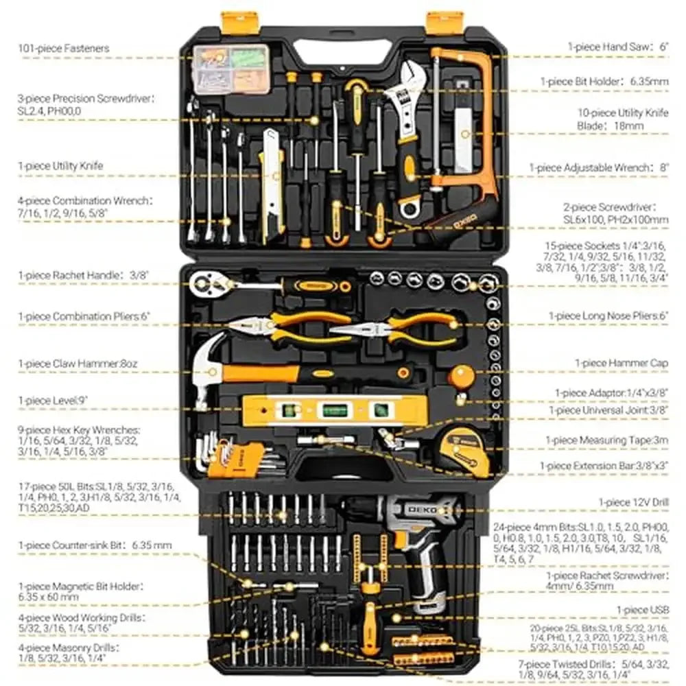 Complete Portable Tool Box Set with Cordless Power Drill