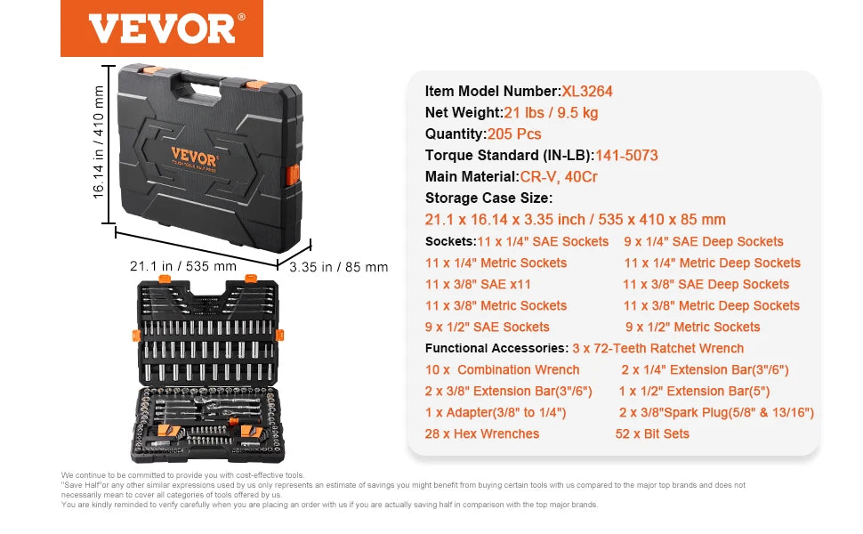 VEVOR Mechanics Tool Set, 205 Pcs